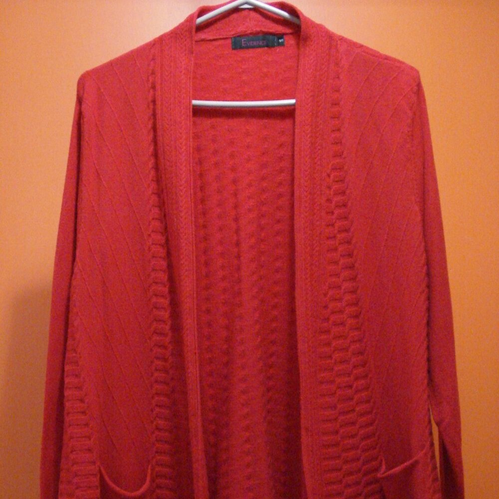 Solid Cable Knit Red Cardigan. Casual Open Front Long Sleeve. 2 Side Pockets